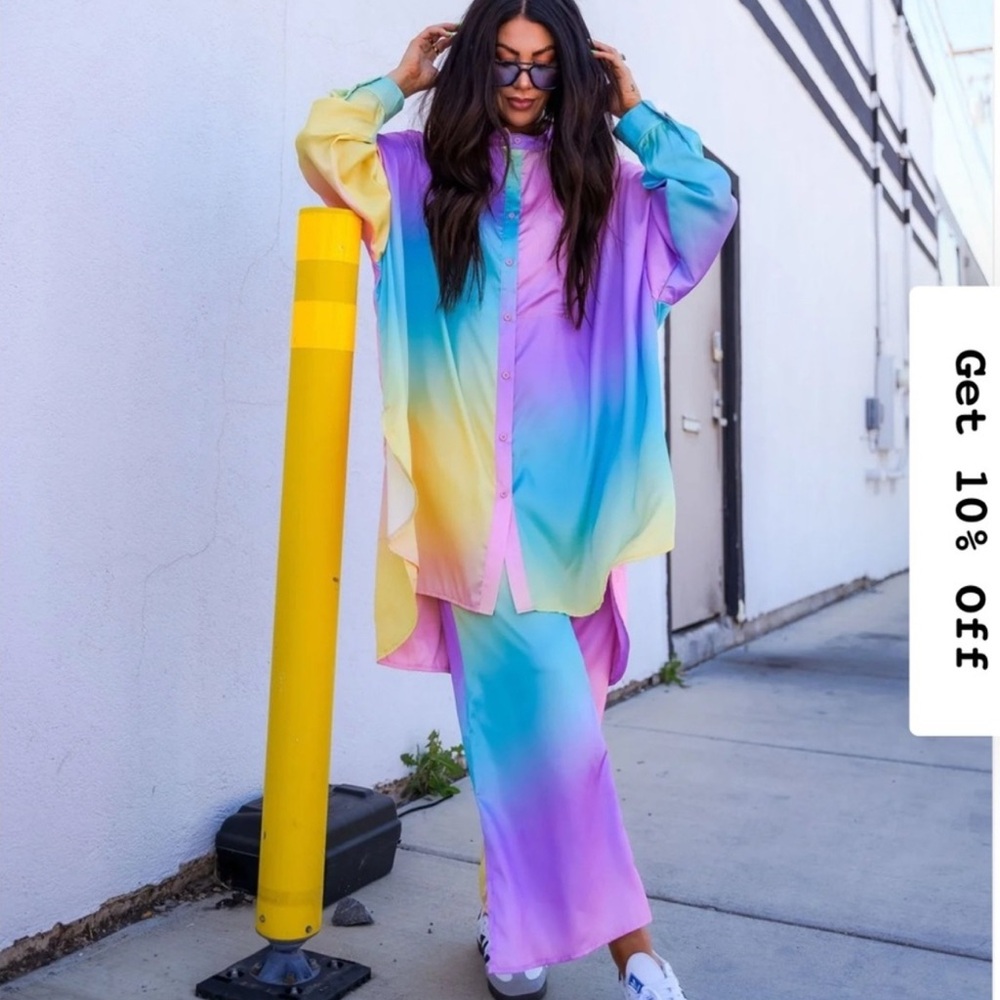 NWT dressed in LA LA satin playsuit Colorful Gradient Shirt and pant Set